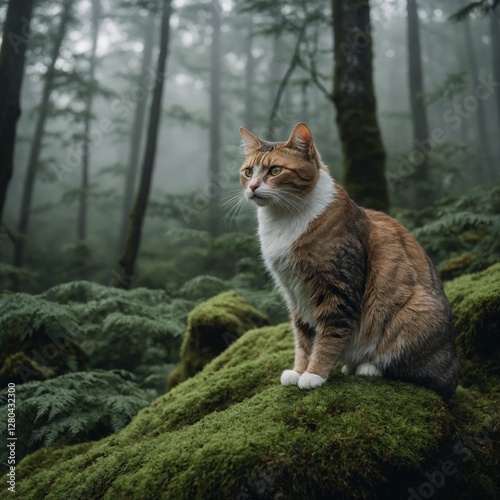 A calm and elegant cat perched on a moss-covered rock, surrounded by misty forests.