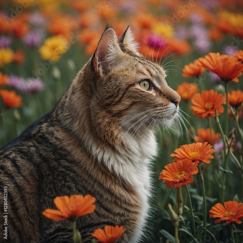 A graceful feline gazing into the distance, surrounded by a vibrant flower field.