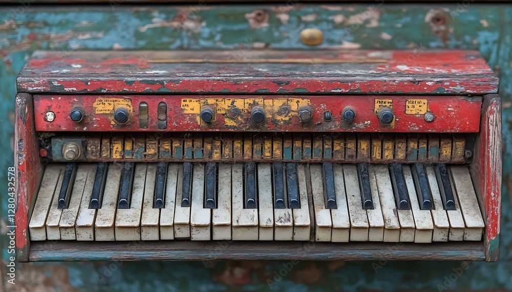 Rusted antique keyboard on weathered wooden surface Rusted antique keyboard on weathered wooden surface
