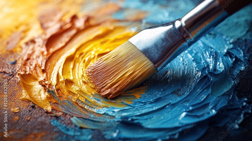 Fototapeta premium Artist brush strokes mixing yellow and blue paint on palette