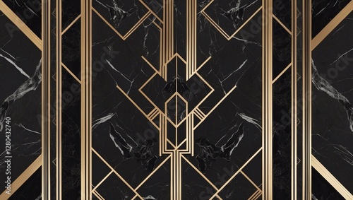 Gold and black wallpaper with elegant art deco decorative design on black marble background Background