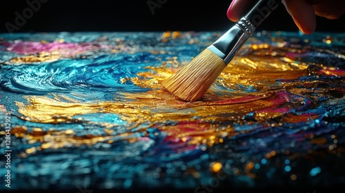 Artist hand painting with brush on vibrant mixed media palette