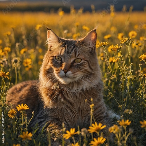 A majestic cat resting amidst a field of wildflowers, bathed in golden sunlight.