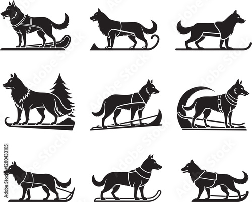 dog sled vector silhouette illustration design set