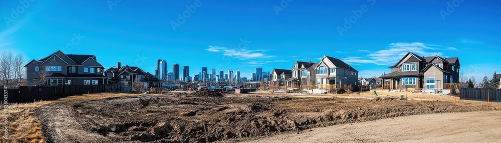 Foundation work at a suburban construction site for new family homes in progress under a clear blue sky. Foundation work at a suburban construction site for new family homes in progress under a clear blue sky.