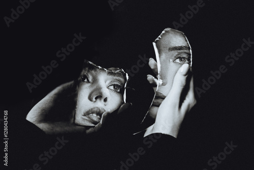 Young woman face reflected in brocken mirror, black and white portrait
