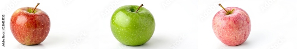 Three apples of different colors are shown in a row. The apples are green, red, and yellow Three apples of different colors are shown in a row. The apples are green, red, and yellow