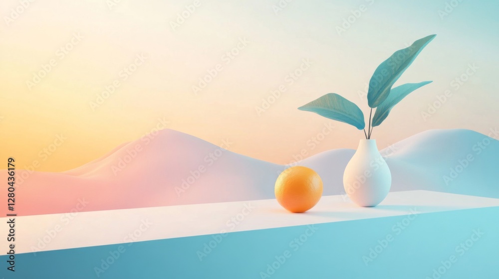Fototapeta premium Pastel Minimalist Still Life with Orange and Plant