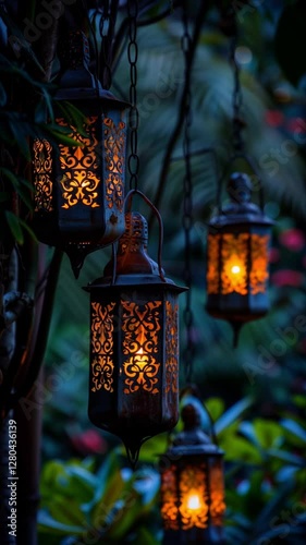 Soft, warm light emanates from beautifully crafted lanterns hanging in a serene garden setting at night, creating an inviting and peaceful atmosphere, bali style