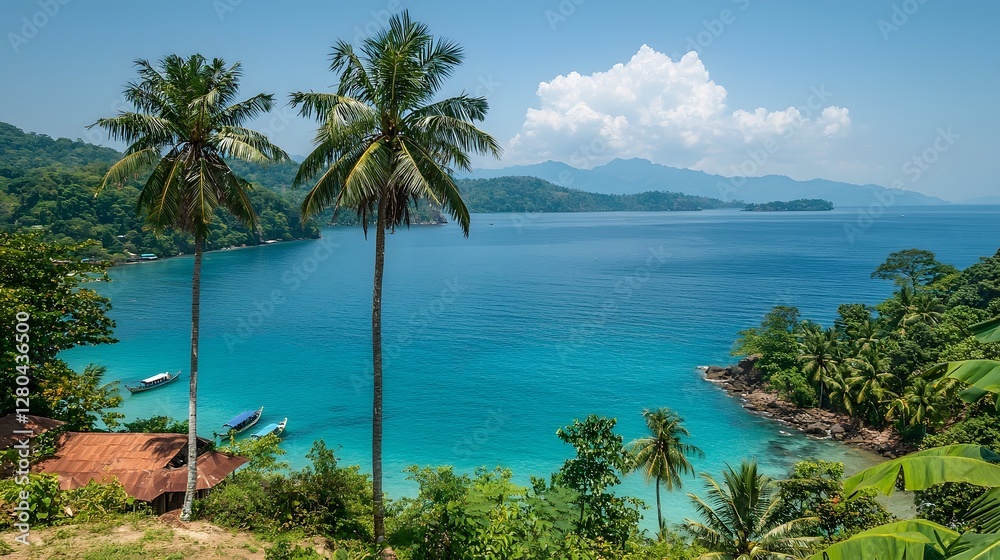 Lush verdant tropical oasis with towering coconut palm trees standing tall against a deep blue Andaman sky and sea Lush verdant tropical oasis with towering coconut palm trees standing tall against a deep blue Andaman sky and sea
