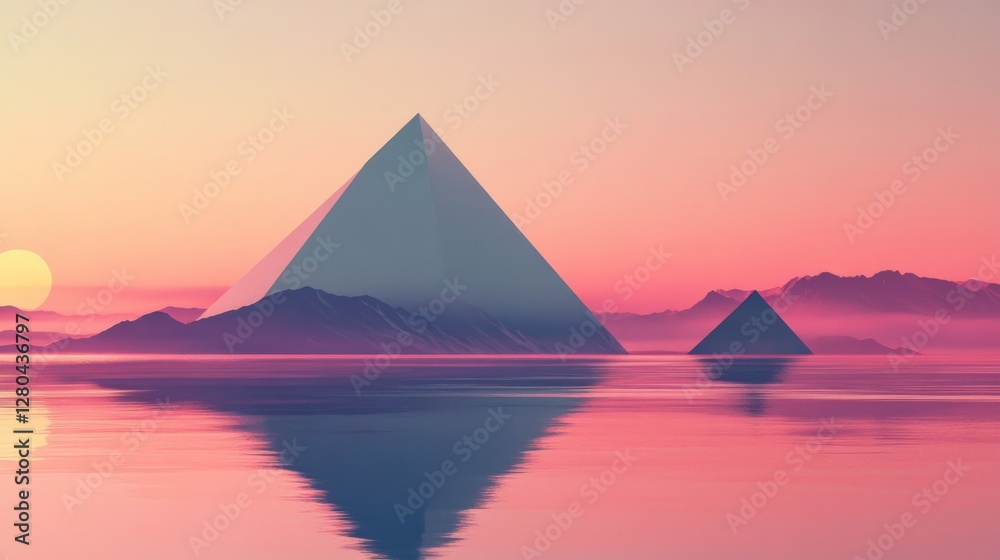 Pink Sunset over Geometric Pyramids Reflected in Calm Water Pink Sunset over Geometric Pyramids Reflected in Calm Water