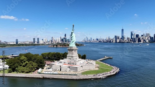 The Statue of Liberty with the New York and New Jersey downtown cityscape in the background. USA