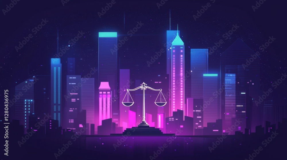 Obraz premium Futuristic Cityscape at Night Featuring Scales of Justice Symbolizing Law and Order in a Vibrant Neon Environment with Dynamic Skyline