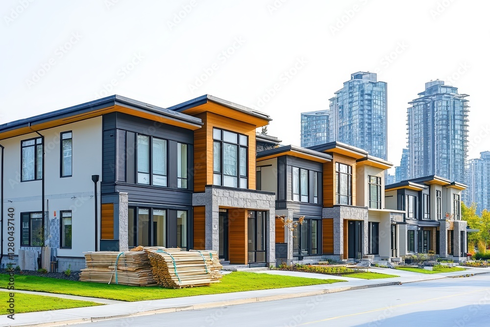 A row of modern townhouses showcasing contemporary architecture and vibrant urban living. A row of modern townhouses showcasing contemporary architecture and vibrant urban living.