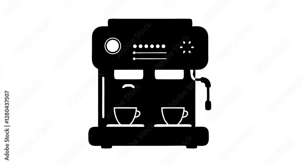 Silhouette of a coffee machine with cups, minimalistic style, black and white design for cafes Silhouette of a coffee machine with cups, minimalistic style, black and white design for cafes
