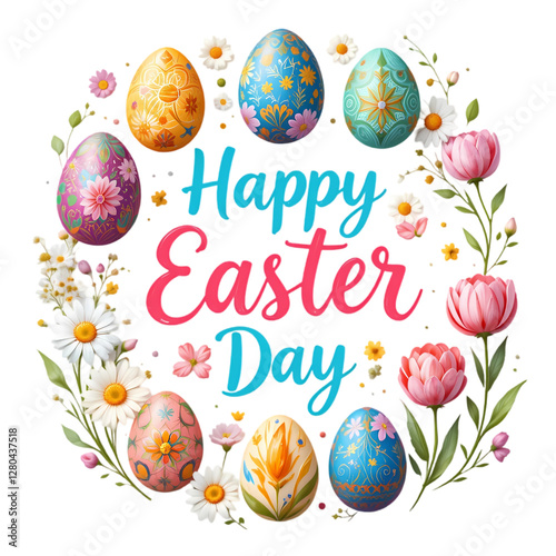 Happy Easter Day: Floral Eggs & Spring Greetings isolated on transparent background