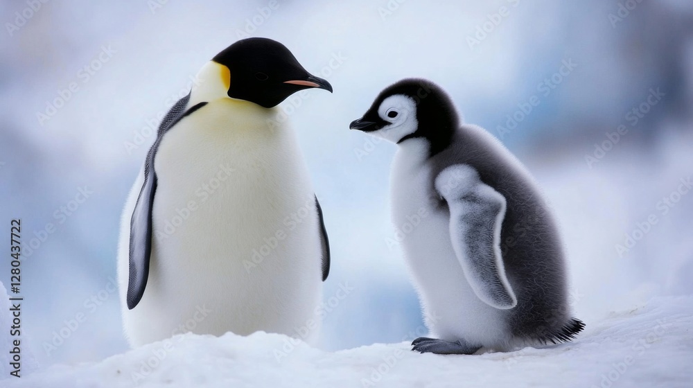 Naklejka premium Emperor Penguin and Chick in Snowy Antarctic Landscape