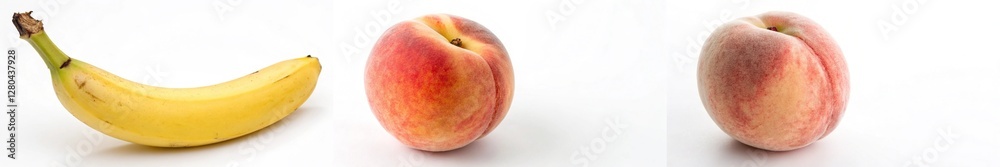 A banana and fresh peaches arranged together, highlighting their vibrant colors and textures. A banana and fresh peaches arranged together, highlighting their vibrant colors and textures.