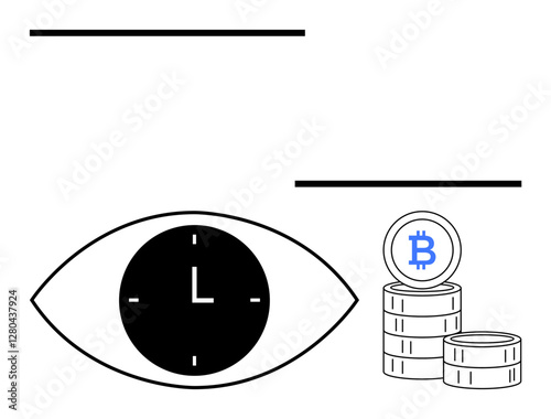 Eye with clock face and stacked bitcoins emphasizing time value in cryptocurrency and digital finance. Ideal for blockchain, crypto investment, fintech, savings, decentralized economy, future trends