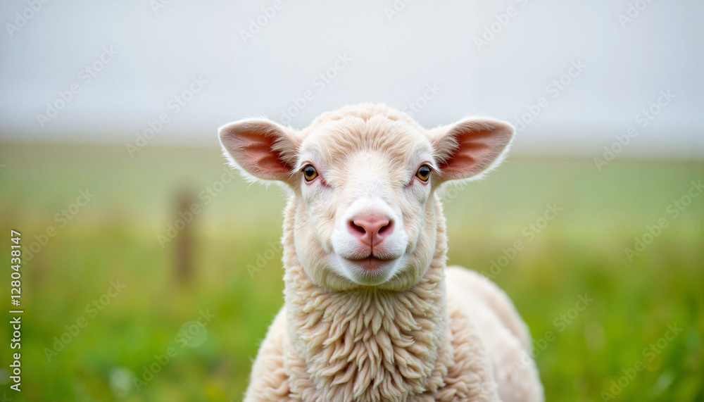 Curly-coated sheep standing in fresh misty meadow, Easter symbolism Curly-coated sheep standing in fresh misty meadow, Easter symbolism