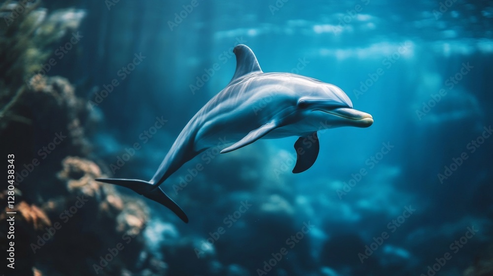 Obraz premium Graceful Dolphin Swimming Underwater in a Vibrant Blue Ocean