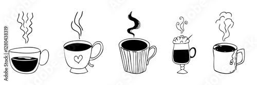 Tea or coffee cup with beverage and hot vapor steam hand drawn doodle line. Simple icon set mug sketch. Hot drinks Coffee, tea, cappuccino espresso, latte.