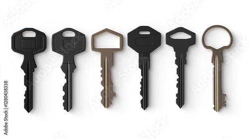 A minimalist arrangement of six different keys in varying colors and designs, lined up neatly on a white background with subtle shadows. photo