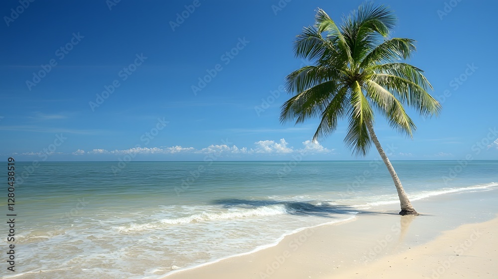 Solitary palm tree swaying gently against the backdrop of the crystal clear Andaman Sea and a cloudless azure sky Solitary palm tree swaying gently against the backdrop of the crystal clear Andaman Sea and a cloudless azure sky