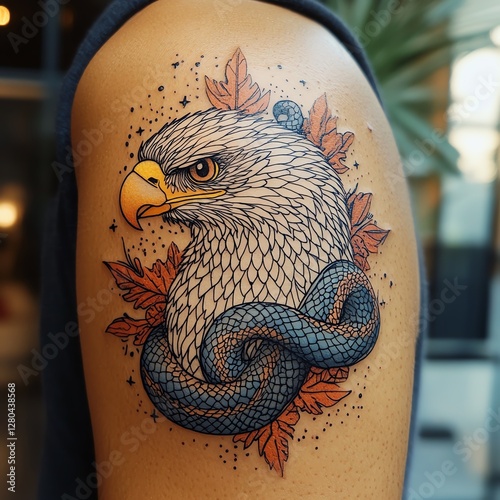 Stunning tattoo of eagle and snake design. photo