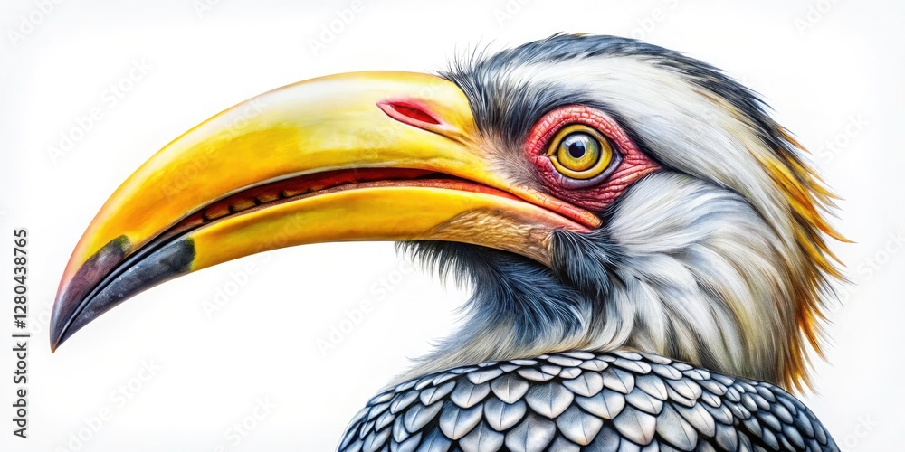 Fototapeta premium Cute yellow hornbill, a tropical bird, captured in a delightful watercolor animal portrait.
