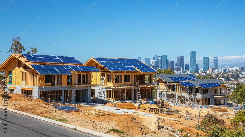 Modern eco-friendly homes under construction featuring solar panels for sustainable living and energy efficiency. Modern eco-friendly homes under construction featuring solar panels for sustainable living and energy efficiency.