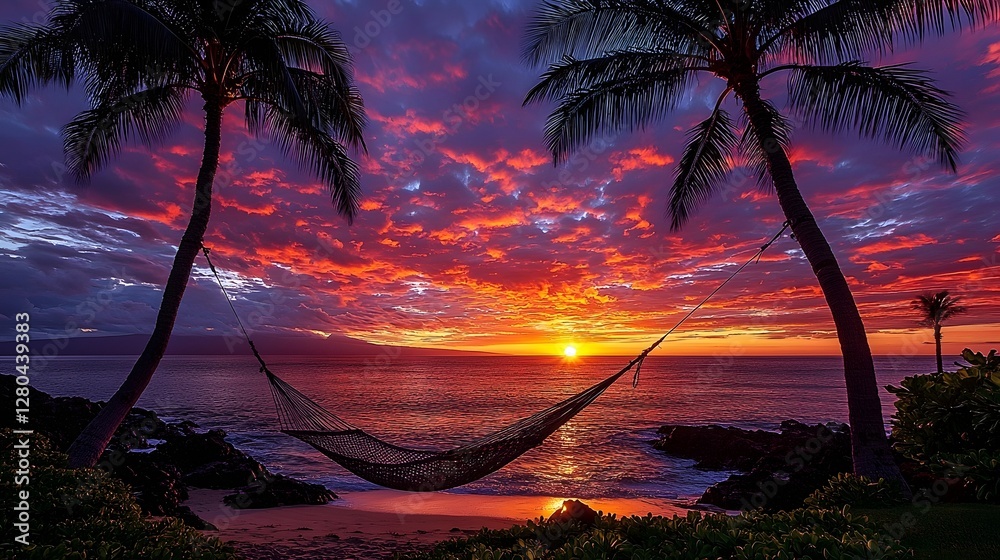 Fototapeta premium Sunset Paradise A hammock strung between two swaying palm trees overlooking a brilliant vibrant sunset on a tropical beach with the shimmering ocean in the background