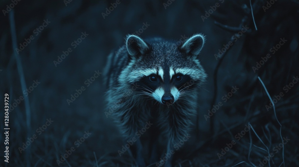 Fototapeta premium Nocturnal Raccoon in Dark Forest at Night