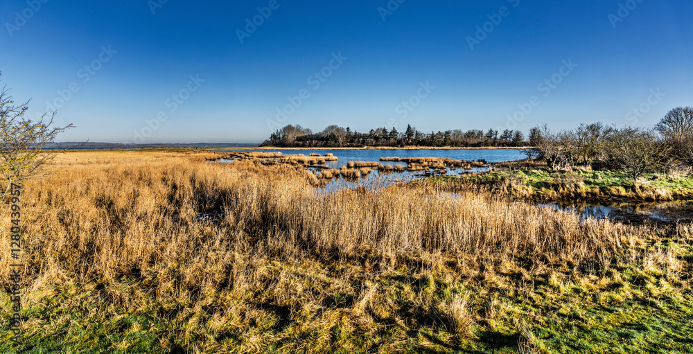 Obraz premium Idyllic Fjord Scene with Small Boat During a Sunny Day, Borre Knob, Denmark