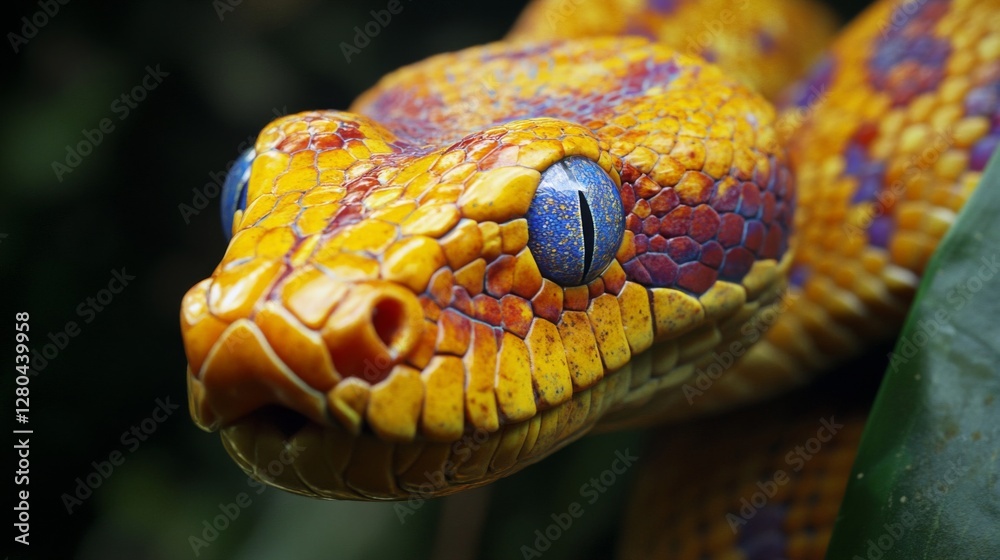 Fototapeta premium Close Up Of A Yellow And Orange Snake With Striking Blue Eyes