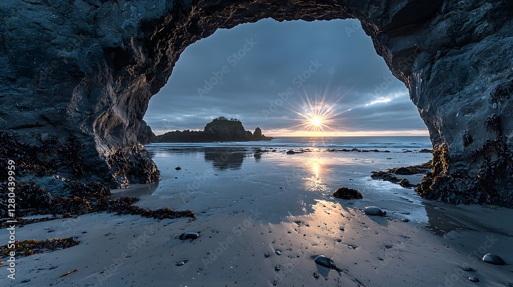 Stunning sunset view framed by natural rocky arches on a tranquil and serene coastal beach creating a breathtaking and romantic atmosphere Stunning sunset view framed by natural rocky arches on a tranquil and serene coastal beach creating a breathtaking and romantic atmosphere