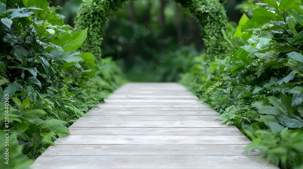 Wooden path leads to lush green archway Wooden path leads to lush green archway