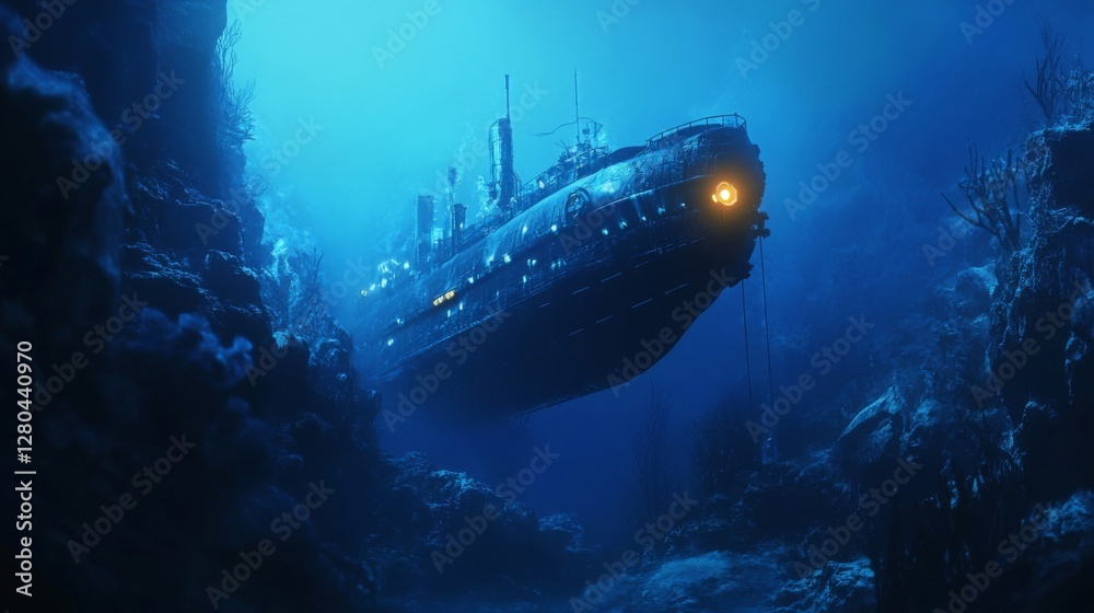 Fototapeta premium Submerged Vessel in a Dark Blue Underwater Scene