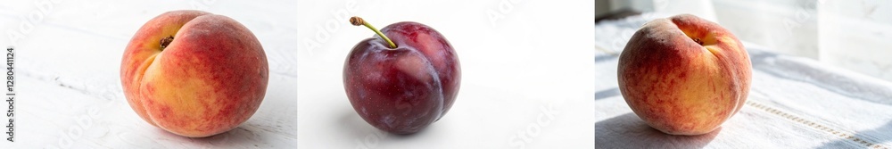 A close-up of peaches and plums, highlighting their textures and colors against a bright white background. A close-up of peaches and plums, highlighting their textures and colors against a bright white background.