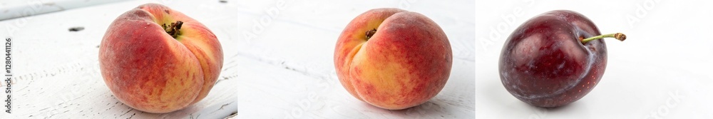 A close-up of a peach and plum, showcasing their rich colors and textures. A close-up of a peach and plum, showcasing their rich colors and textures.