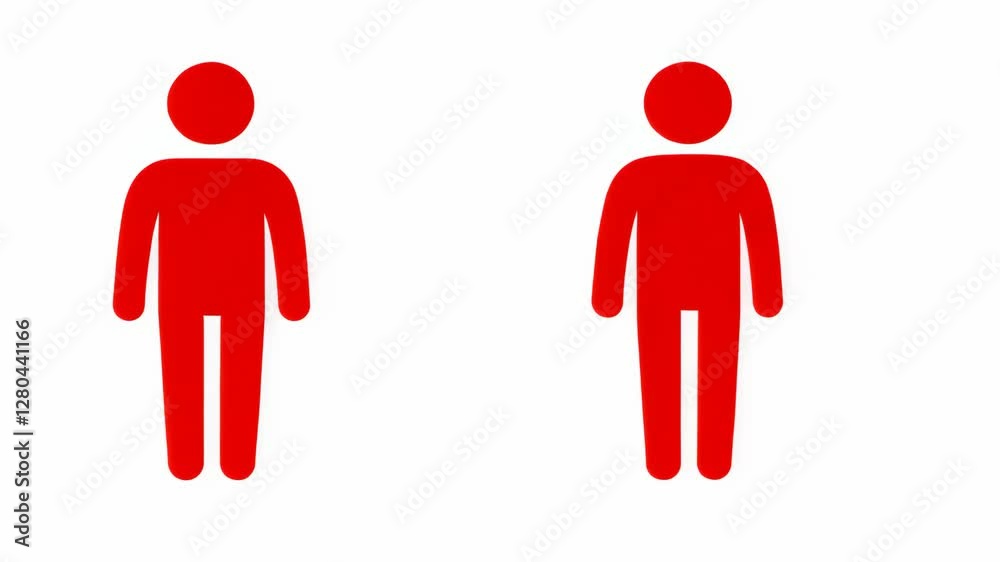 Two simple red figures representing human forms on a white background interacting in a minimalistic design