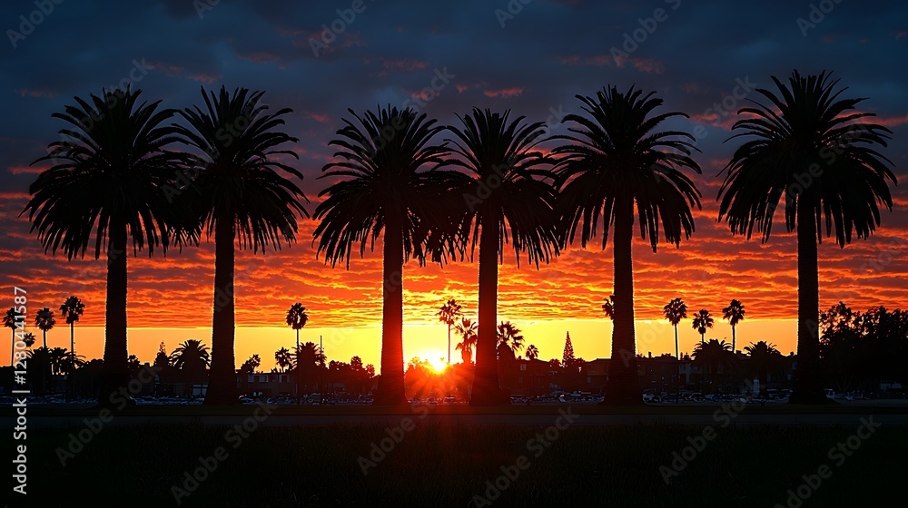 Obraz premium Dramatic sunset silhouette of swaying palm trees against a vibrant colorful sky over a tropical beach landscape Peaceful and tranquil coastal scene with a moody majestic atmosphere