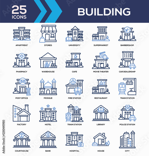 Building Line Color Icon Collection