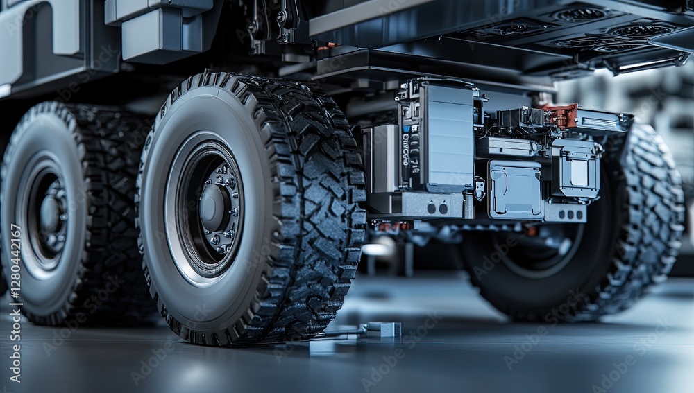 Fototapeta premium Heavy Duty Truck Rear Axle, Industrial Design, Modern Technology, Factory Background