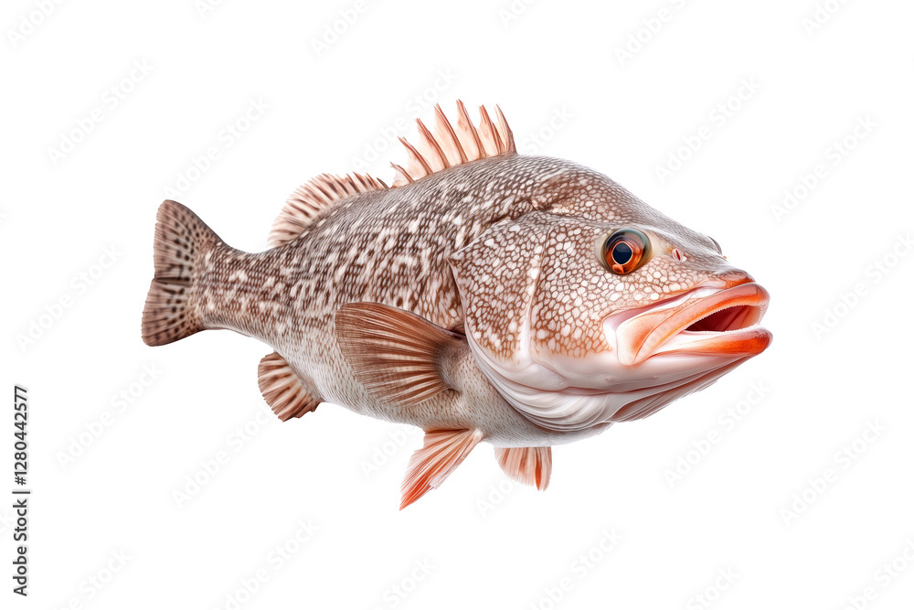 Fototapeta premium Grouper fish with white spots and intricate fin details isolated on white transparent background, concept of aquatic wildlife