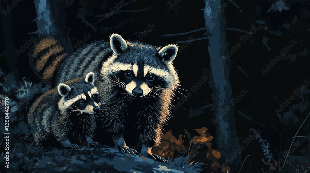 Naklejka premium Nighttime Raccoon Family in Dark Forest