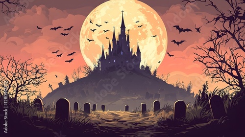 Haunted Castle on a Hill Silhouetted Against a Full Moon with Tombstones and Bats Creating a Chilling and Ominous Atmosphere  A Gothic and Supernatural Landscape Perfect for Horror Halloween