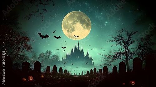 Haunting Silhouette of a Gothic Castle Looming Under the Ominous Glow of a Full Moon Surrounded by Tombstones and Swooping Bats in a Spooky Supernatural Landscape