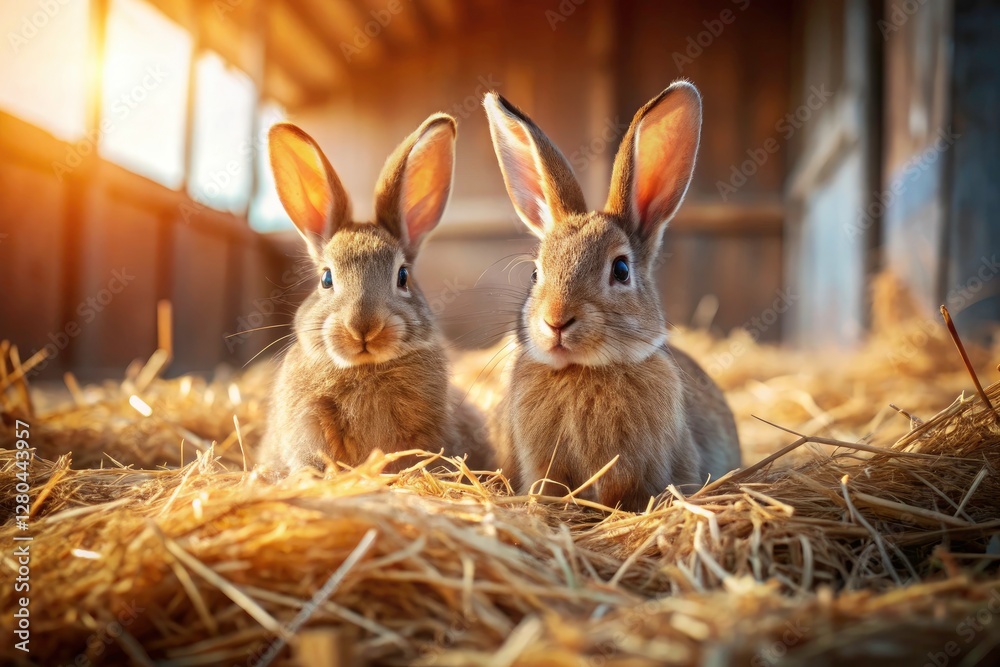 Fototapeta premium Golden hay, wide pen, two bunnies; a simple scene of peaceful coexistence.