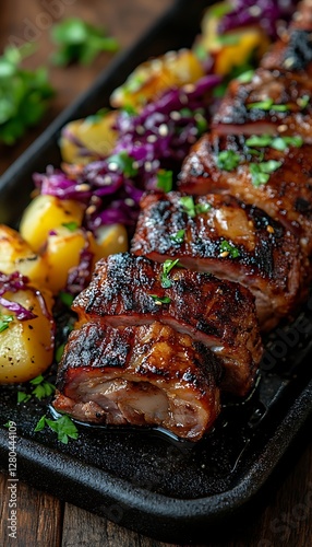 Grilled Pork Slices, Roasted Potatoes, Red Cabbage, Cast Iron Tray photo